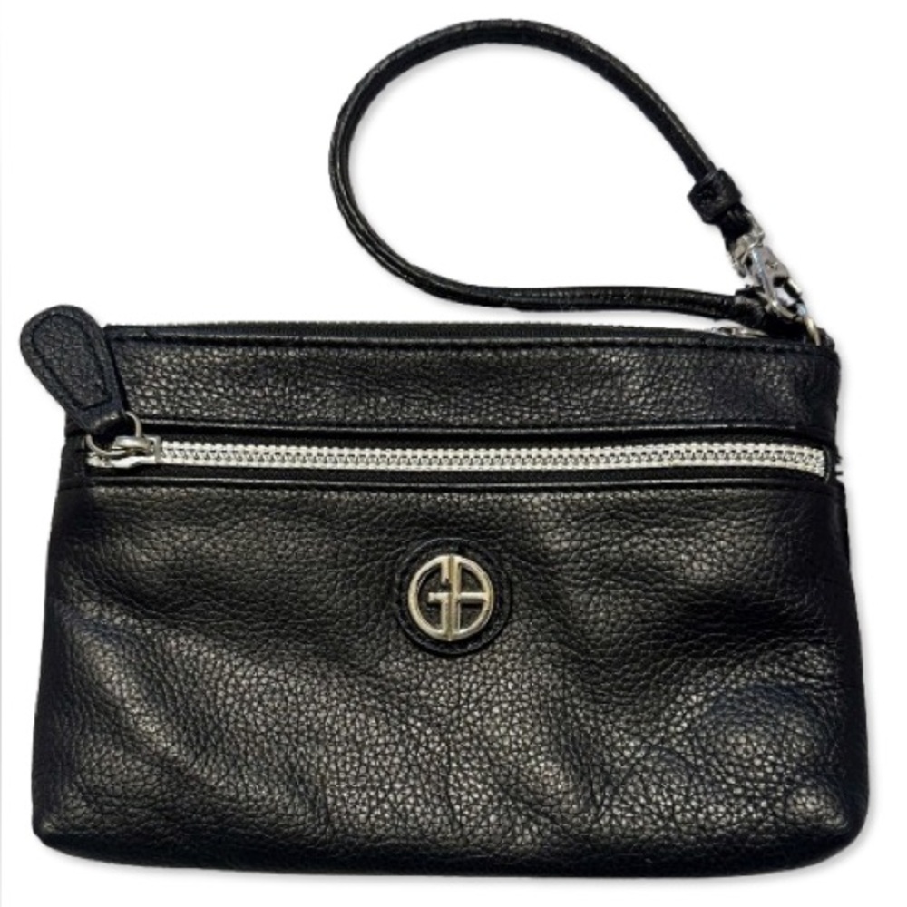 Giani Bernini Black Pebbled Leather Wristlet – Silver Hardware, Stripe Lining